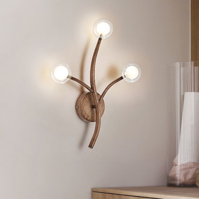 Wooden Brown Wall Mount Light Twig 3/4 Heads Farmhouse Wall Sconce Lighting with Bubble Clear Glass Shade