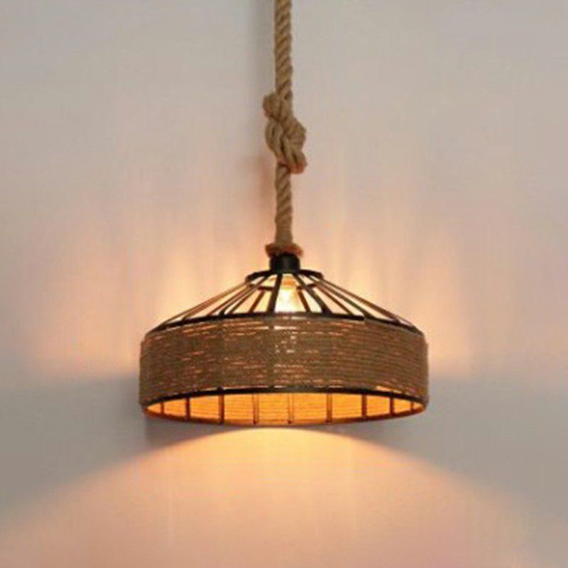 Retro Style Yurt Suspension Lighting 1 Head Hemp Rope Pendant Ceiling Light in Brown