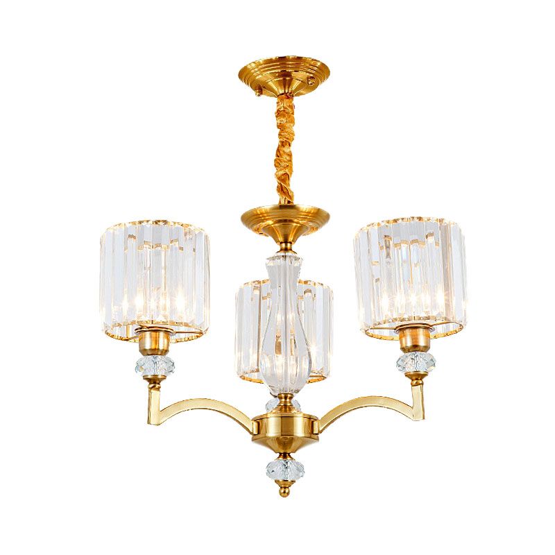 Cylinder Hanging Chandelier Contemporary Faceted Crystal 3/6/8 Bulbs Brass Ceiling Pendant Light, 23.5"/27"/33.5" Wide