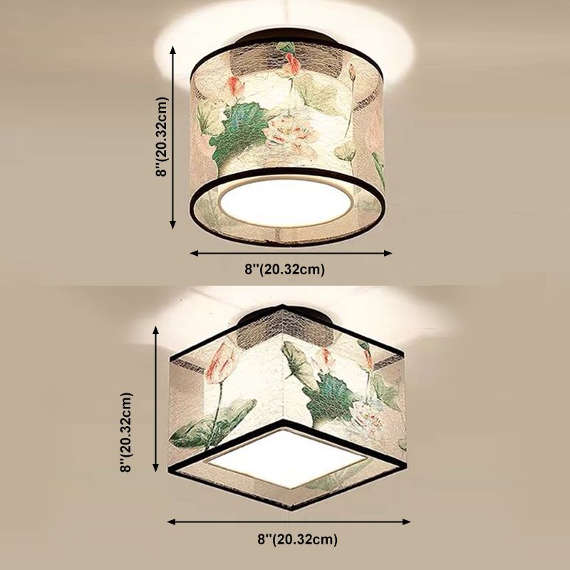 Square/Drum Shape Chinese Style Fabric Flush Mount Light Fixture for Living Room Dinning Room
