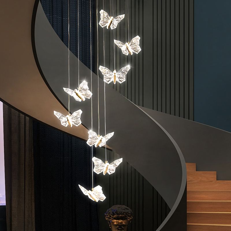 Brass Butterfly Hanging Lamp Minimalist LED Acrylic Pendant Ceiling Light for Duplex House