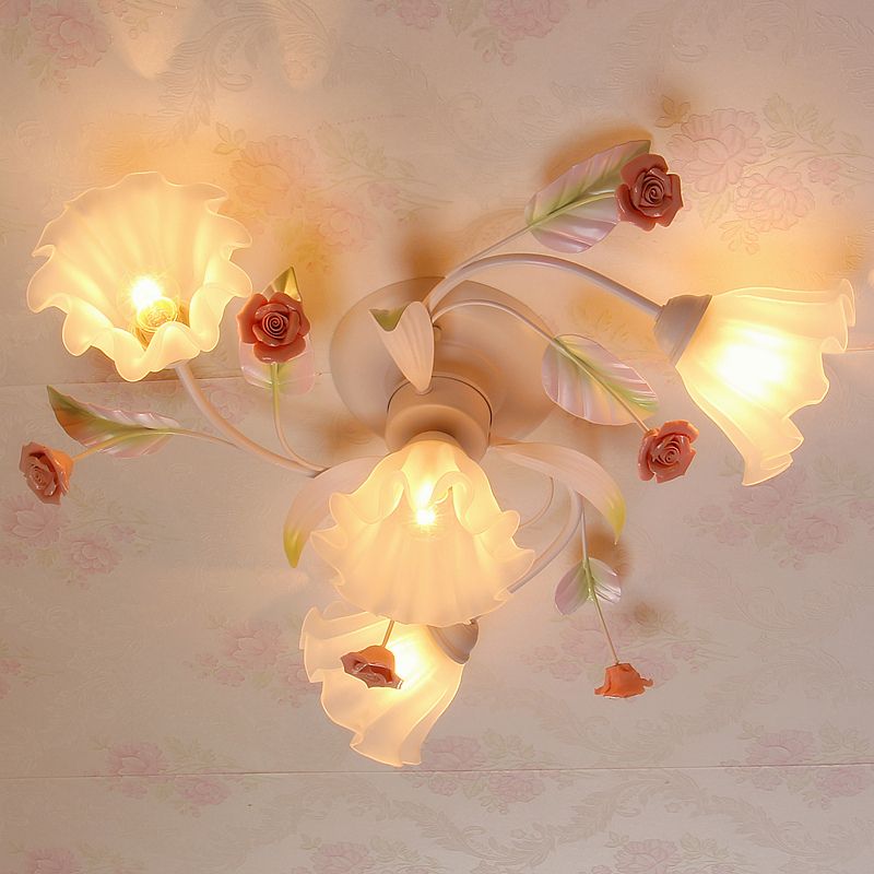 Pastoral Style Floral Semi Flush Mount 4/7-Light Metal Flush Ceiling Light with Frosted Glass Shade in White