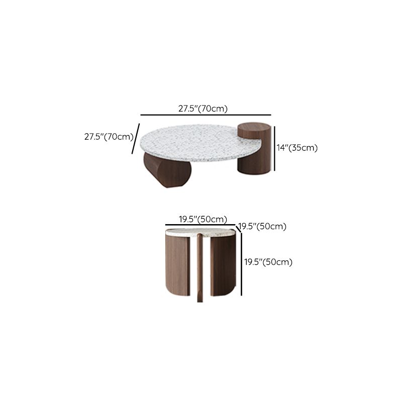 White Round Coffee Table Terrazzo and Pine Wood Cocktail Table Set