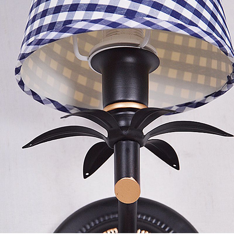 Blue Single Head Wall Mount Light Traditional Metal Conical Sconce Light with Lattice Fabric Shade