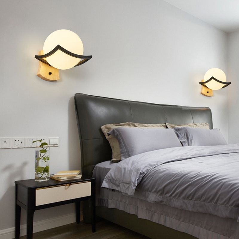 Modern Style Wooden Wall Sconce Glass Shade 1 Light Wall Mount Light Fixture for Living Room