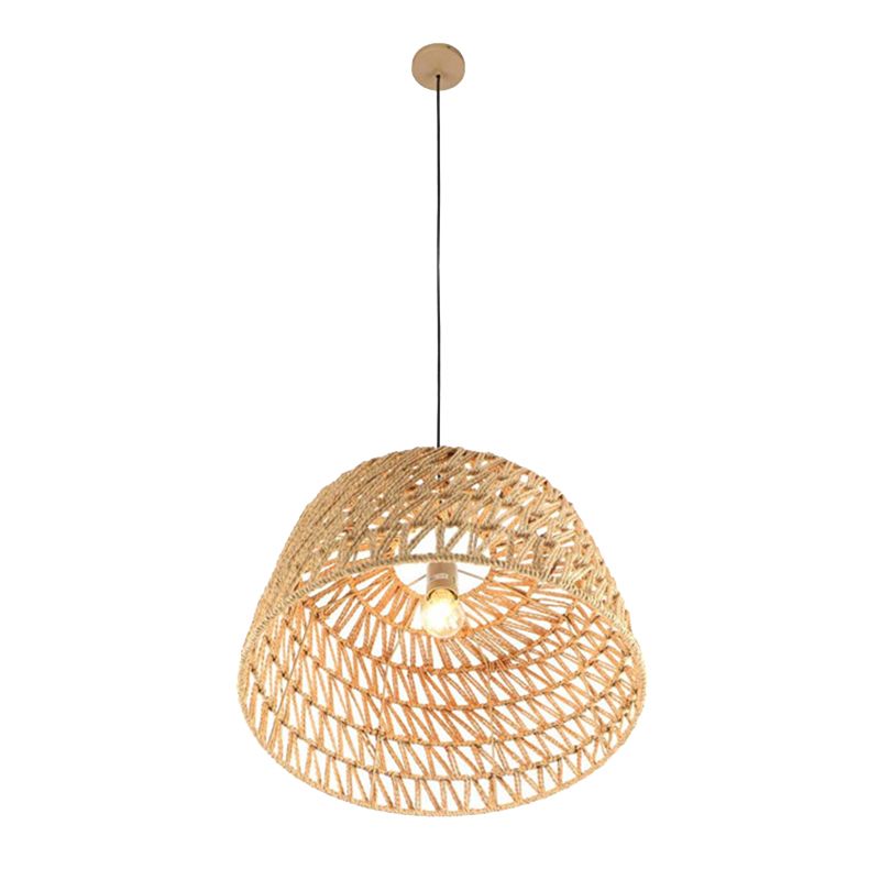 1-Light Hemp Rope Drum Hanging Light Hand Knitting Creative Bedroom Suspension Lamp in Beige