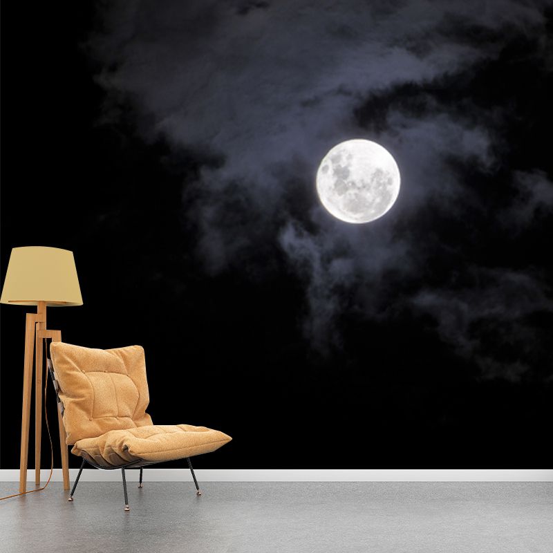 Moon on Misty Sky Mural Decal in Black-White Modern Art Wall Covering for Accent Wall