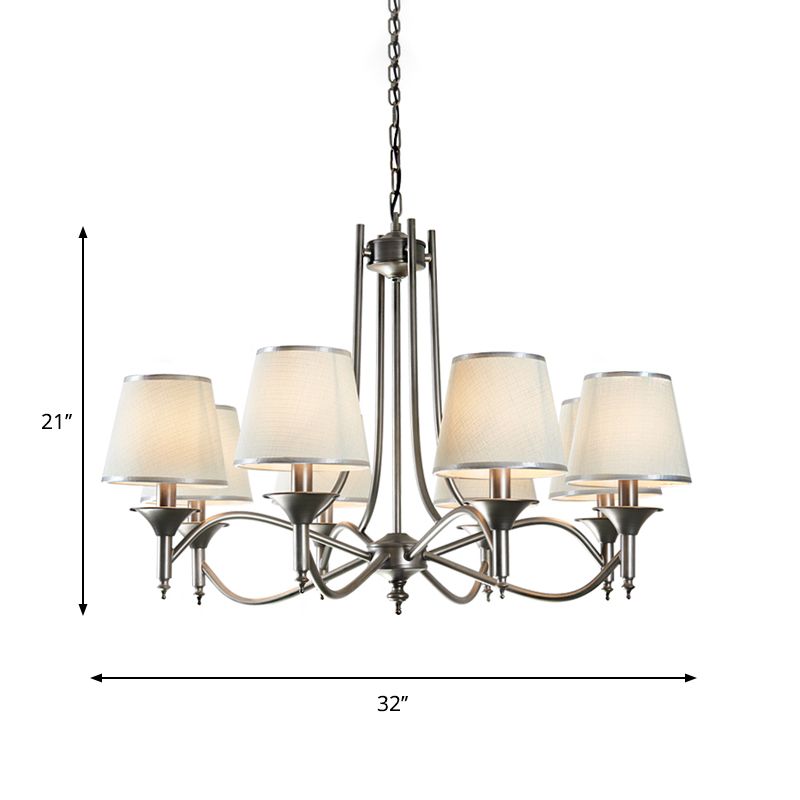 Traditional Twisted Arm Chandelier 8 Bulbs Metallic Pendant Light Kit in Silver/Blue/White and Silver with Conic Fabric Shade