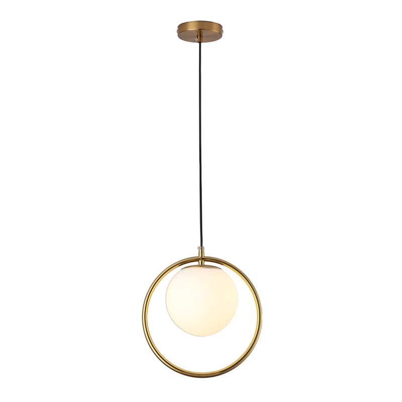 Nordic Minimalism Golden Ring Hanging Light with White Glass Ball Shade Mini Pendant Fixtures for Bedside