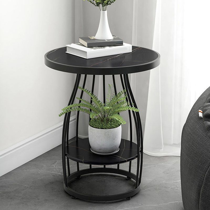 Modern Round Stone Side Table 24.8" H Frame Side Table with Shelf