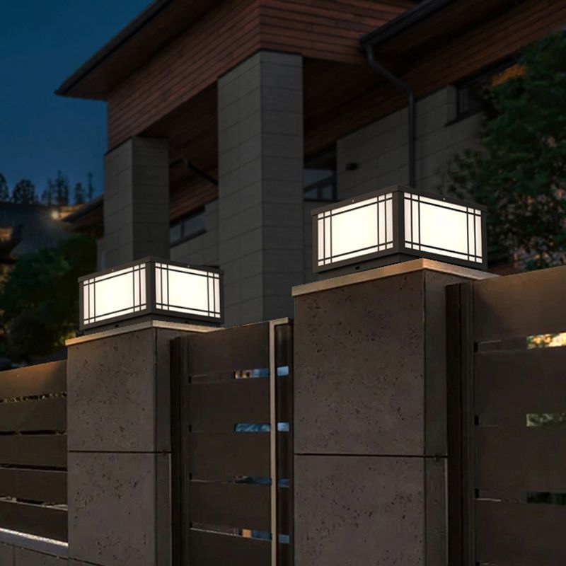 Black Solar Energy Pillar Lamp Modern Metal Square Outdoor Light for Garden