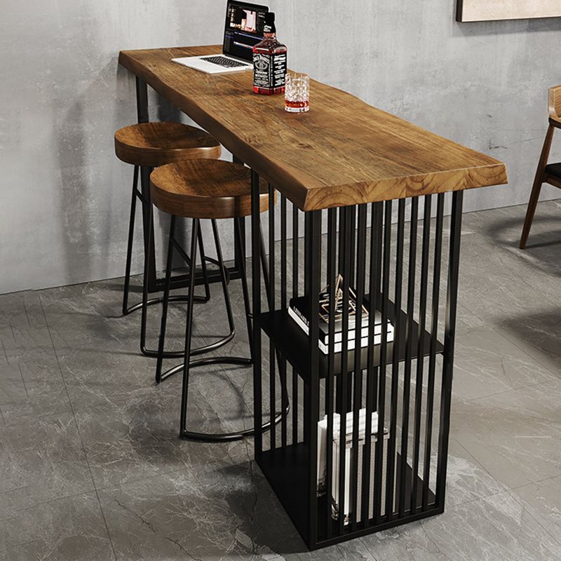 Industrial Bar Table Black Iron Solid Wood Pub Height Dining Table with 2 Shelve