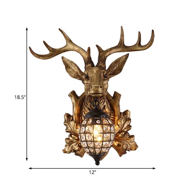 Ellipsoid Cage Beveled Crystal Sconce Farmhouse 12"/18" W 1 Head Living Room Wall Mount Lighting with Gold Antler Backplate