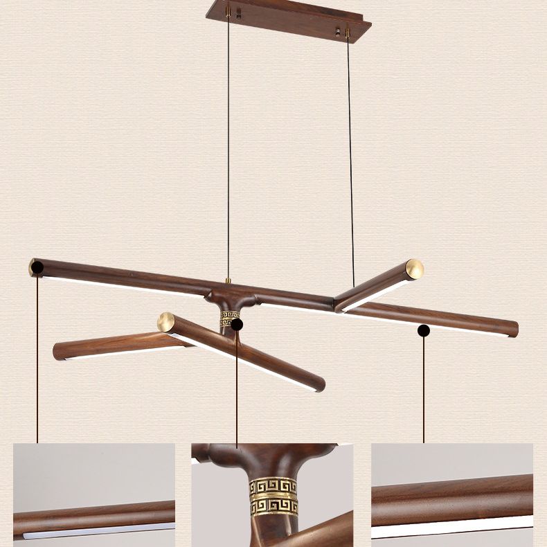 Linear Tea Room Suspension Lamp Wooden Minimalist LED Hanging Island Light Fixture