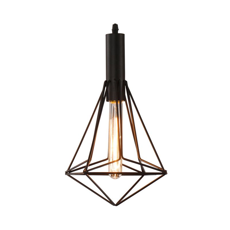 Iron Diamond Shaped Pendant Light Antique 1-Light Dining Room Hanging Light Fixture in Black