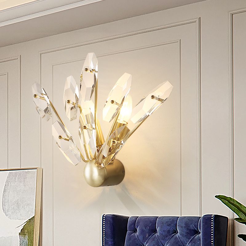 2 Bulbs Sputnik Wall Light Sconce Contemporary Metal Sconce Lighting with Clear Crystal Prism in Brass Finish
