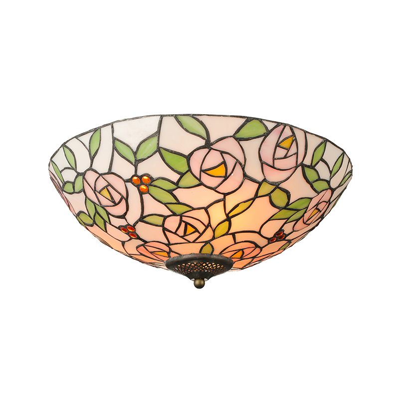 Pink and Green Bowl Flush Light with Rose Vintage Tiffany Stained Glass Flush Ceiling Light