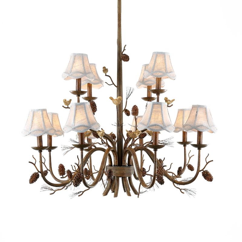 12 Lights Scalloped Chandelier Rustic Brown Metal Pendant Light Fixture with White Fabric Shade