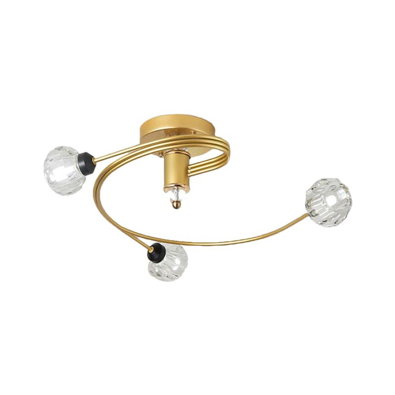 Gold Spiral Semi Flush Lighting Nordic 3/5 Lichter Deckeneinbau mit Orb Klar/Milch/Weiß Glasschirm
