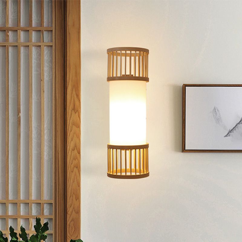 Aziatische stijl enkele bol wandlamp SCONCE Beige cilinder wandverlichting met houten schaduw