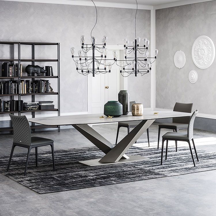 Rectangle Contemporary Dining Room Table Sintered Stone Table with Black Pedestal Base