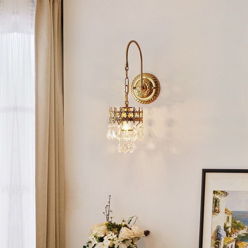 Postmodern Golden Wall Light Fixture with Crystal Shade for Sitting Room