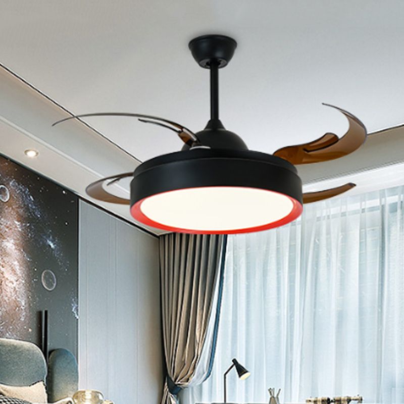 Eenvoud Ronde hanger ventilatorlamp 42 "W LED metalen semi -spoelplafondlicht in zwart voor slaapkamer, 4 bruine messen