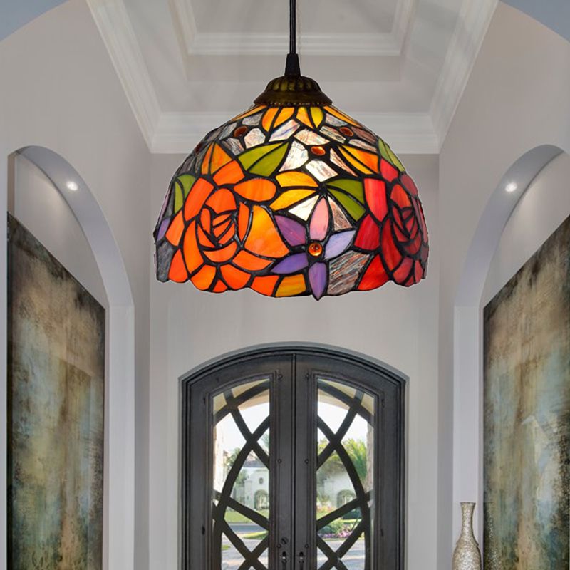 1 Glühbirnenschlafzimmer Anhänger leichte Tiffany Deckenheizlicht mit blühender Orange geschnittener Glasschatten