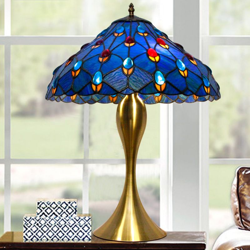 Éclairage de nuit à cône bleu Méditerranéen 1 lampe de tâche en verre coupé à la main à la main avec bijou déco