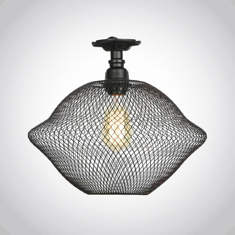 1 Bulb Saucer/Barrel Semi Flush Light Industrial Stylish Black Finish Metal Ceiling Mounted Light with Mesh Screen