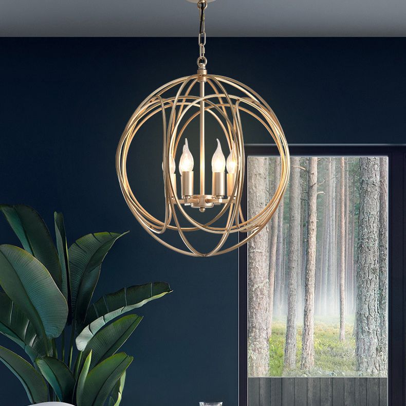 Post-Modern Metal Hanging Chandelier Light Gold Spherical Cage Shade Ceiling Chandelier for Dining Room