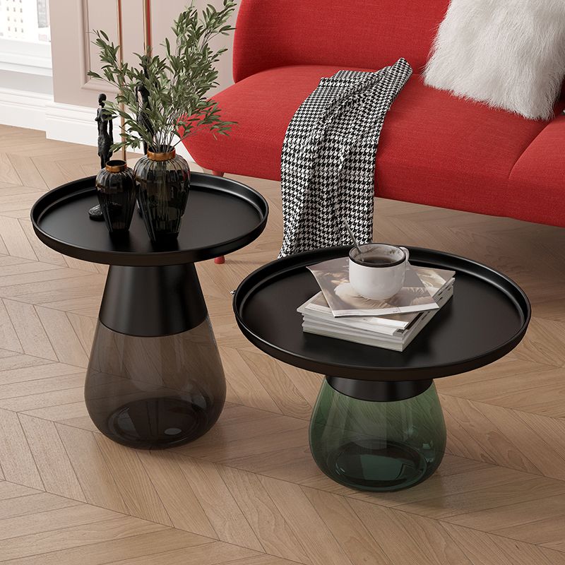 Mid-Century Modern Metal Round Side Table Top Glass Single Base Side Table