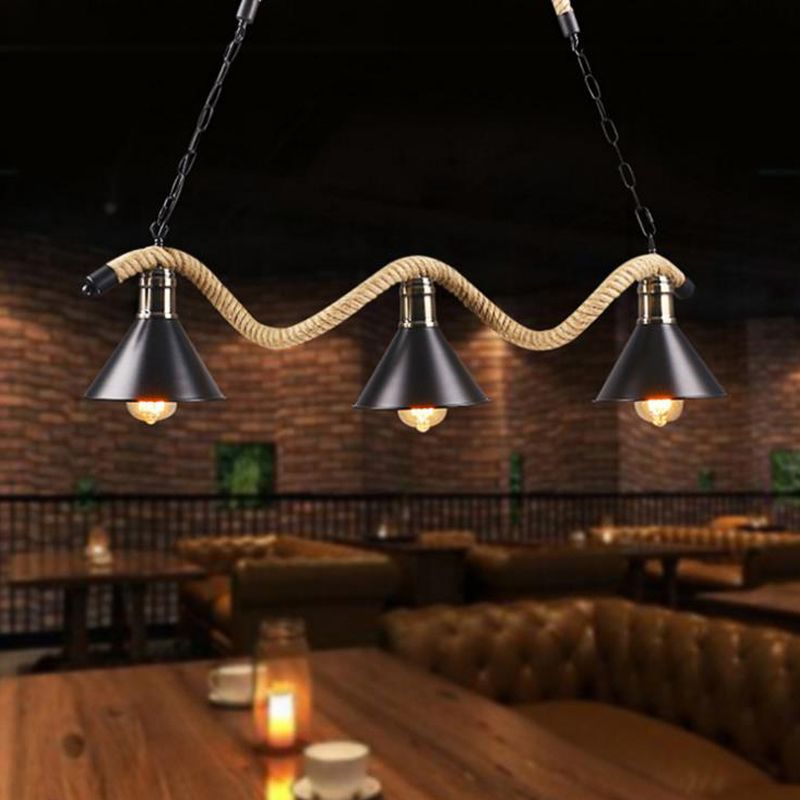 Farmhouse Style Conic Island Lamp 3/5 Bulbs Metal and Rope Pendant Light with Wavy Design in Black