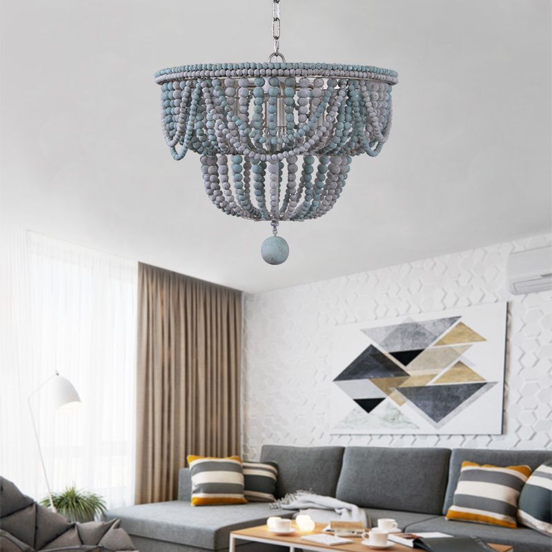 2-Tier Chandelier Modernism Wood 4 Heads 19.5"/25.5" Wide Blue and Gray Pendant Lighting Fixture for Bedroom