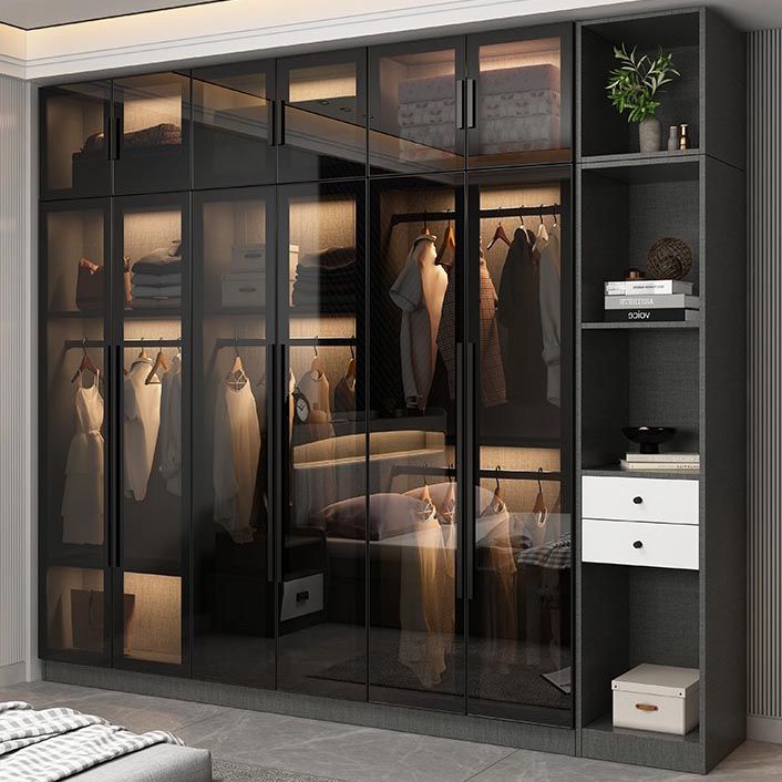 Contemporary Wardrobe Armoire with Shelves Wood and Glass Wardrobe Closet