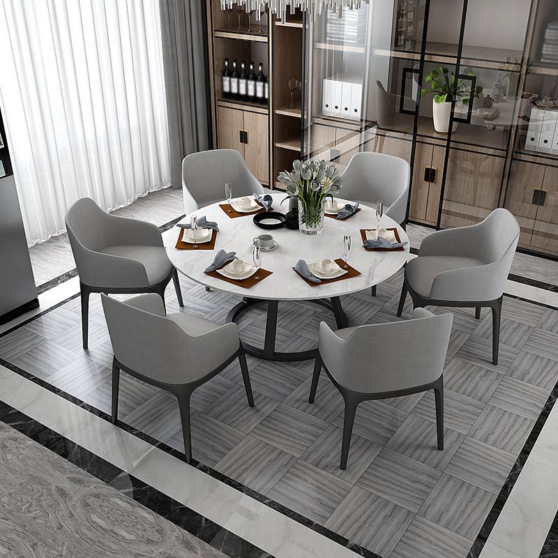 Contemporary Round Dining Table Sintered Stone Top Iron Pedestal Table