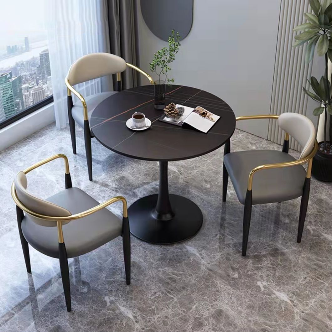 Silla de comedor de cuero estilo diseñador con acabado mate y respaldo abierto (juego de 2)