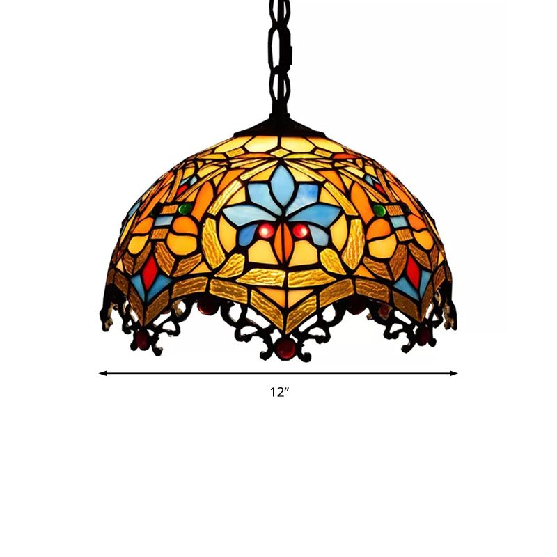 Victorian Style Hanging Lights for Dining Table, Stained Glass Domed Ceiling Fixture