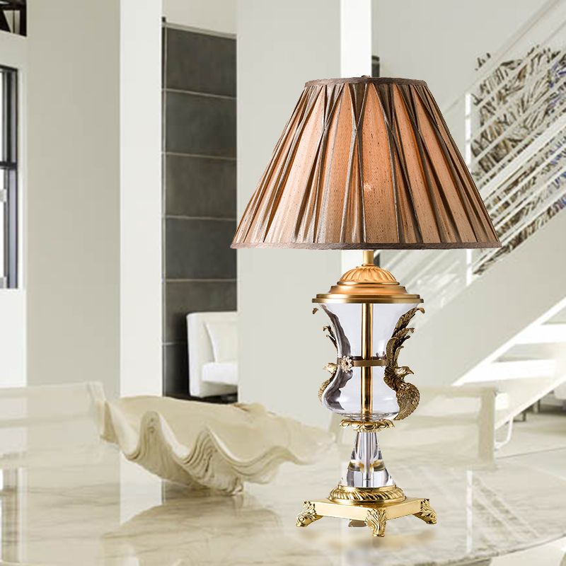 Lámpara de mesa de noche curvada contemporánea de cristal transparente con 1 bombilla en marrón claro