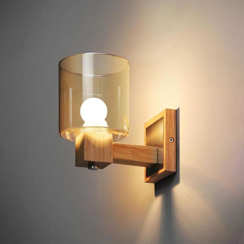 Cognac Glass Cylinder Luz de la pared estilo Nordic Style 1 Light Mini Splock Light in Wood