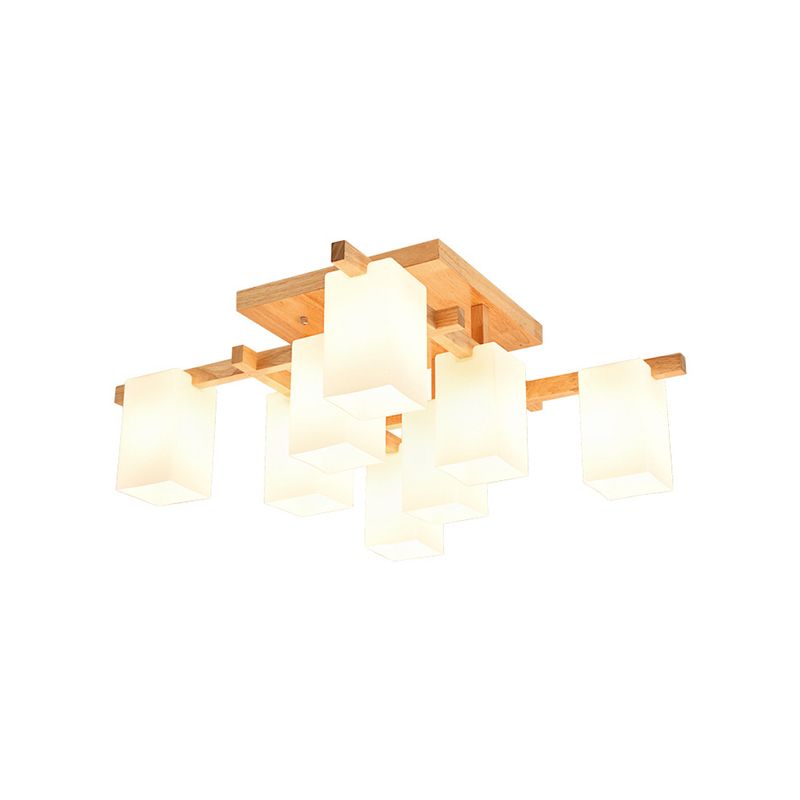 Square Semi Flush Light Modern Wood Living Room Flush Mount Ceiling Chandelier with Rectangle White Glass Shade