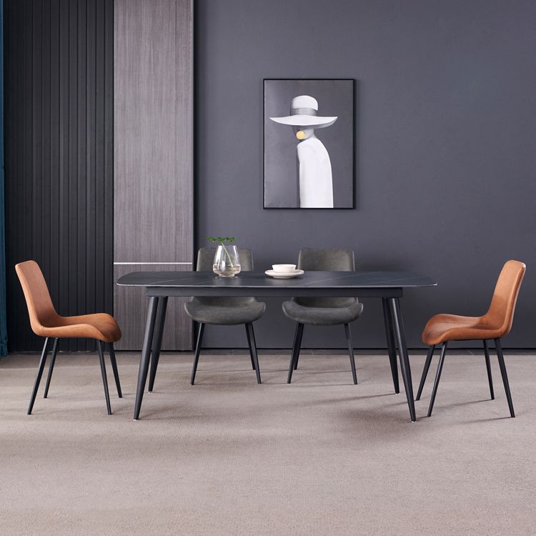 Fixed Minimalist Sintered Stone Top Kitchen Table Set with 4 Black Legs Base for Dining Room