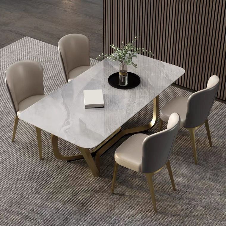Glam Style Dinner Table Stone Rectangle Dining Site Table in White