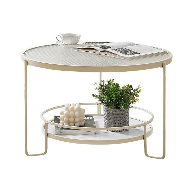 17.7" H Round Glass Coffee Table Iron 3 Legs Cocktail Table with Slate Shelf