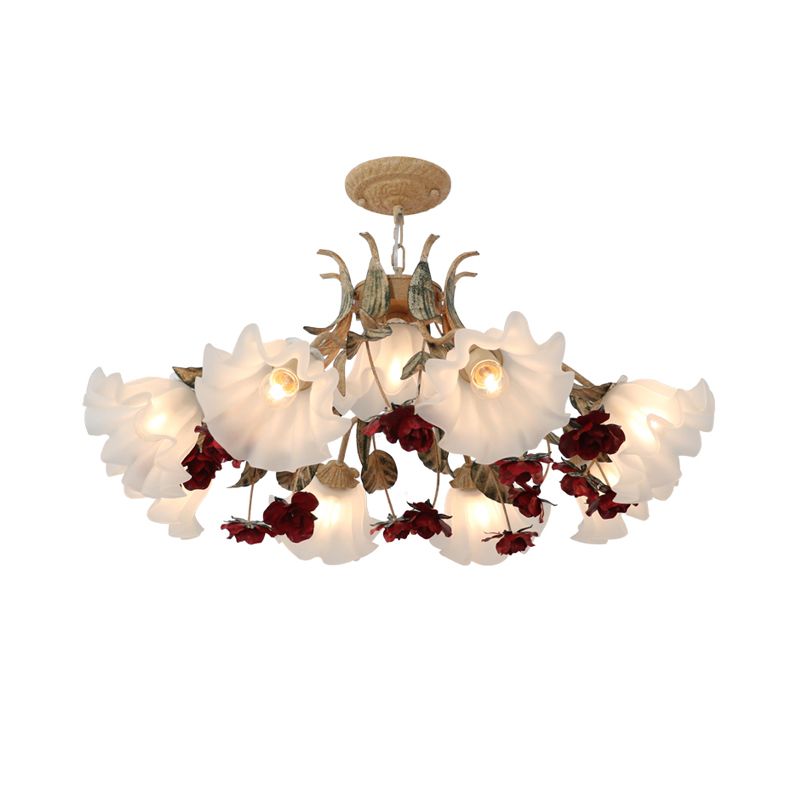 Blumen-Wohnzimmer-Deckenbeleuchtung, pastorales cremefarbenes Glas, rote Kronleuchter-Leuchte