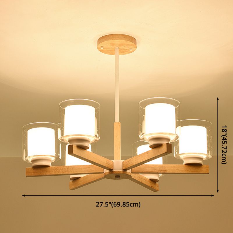 Cylinder Chandelier Lighting Fixtures Modern White Glass Suspension Light With Wooden Stand for Living Room