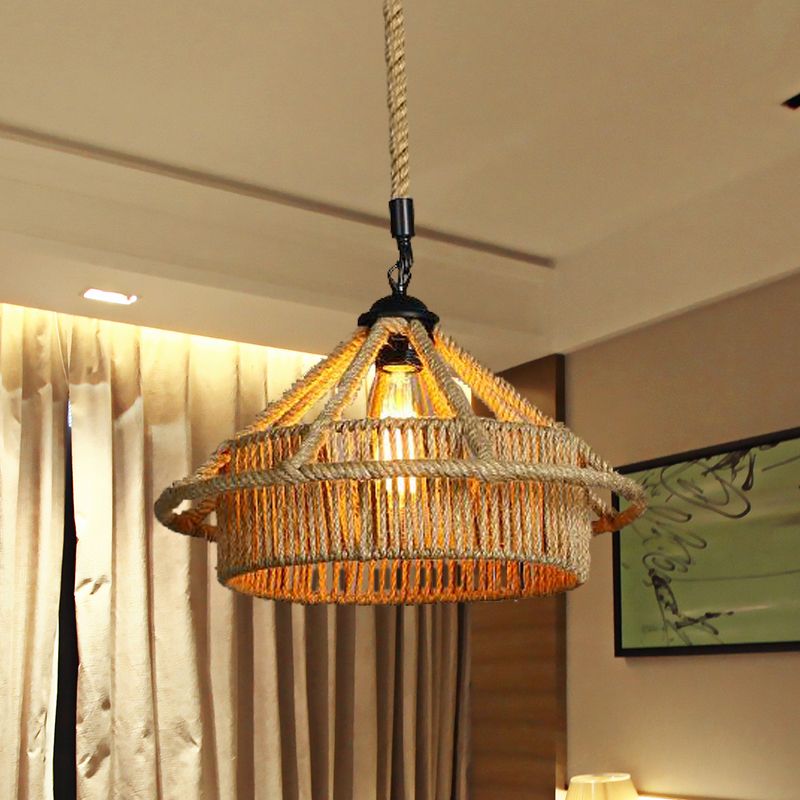 1 Lampen Seildecke Anhänger Leichte Vintage Beige Strohhutform Coffee Shop Hanging Lampe