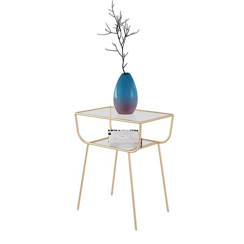 Modern Rectangle Glass Top Side Table 23.6" Tall Iron 4 Legs End Table with Shelf