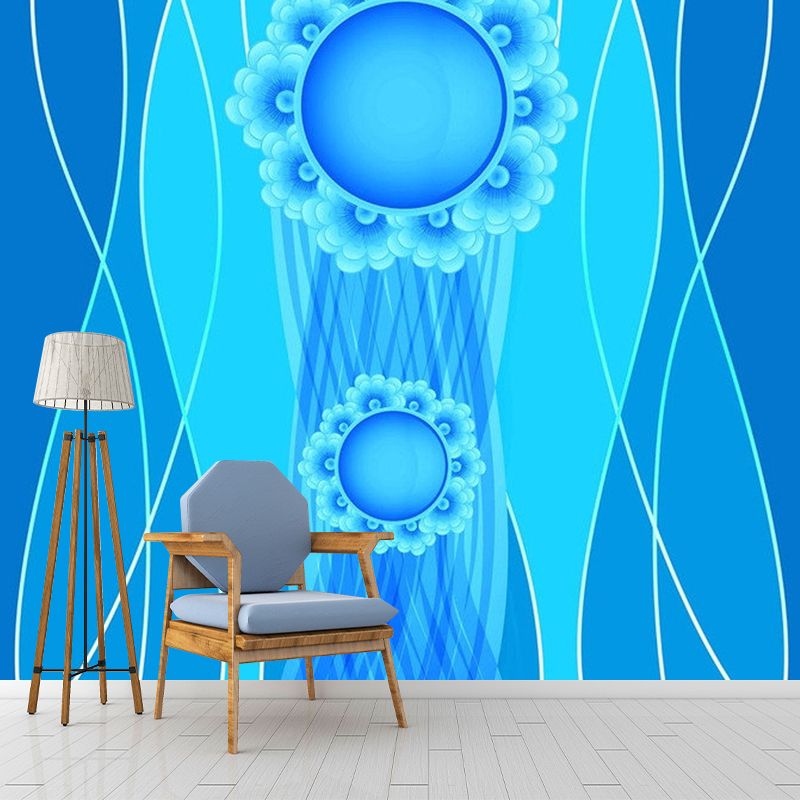 Large Curvaceous Mural Wallpaper for Bedroom Floral Print Wall Art in Blue, Waterproof