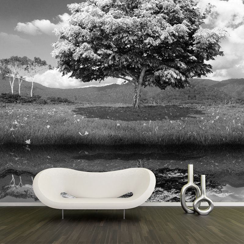 Illustration Lakeside Tree Wall Murals Whole Wall Art for Living Room, Personalized Size